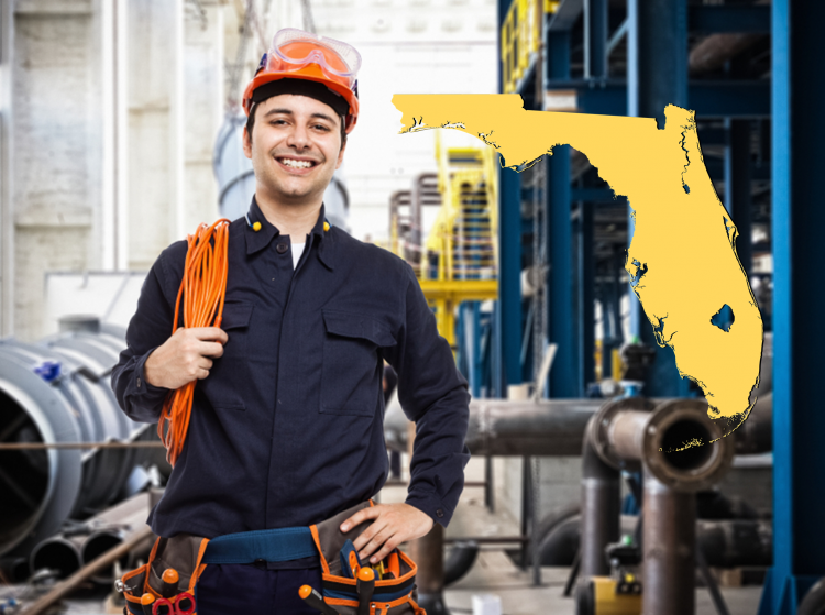 Electrician standing in a blue uniform with hard hat and state of Florida next to him