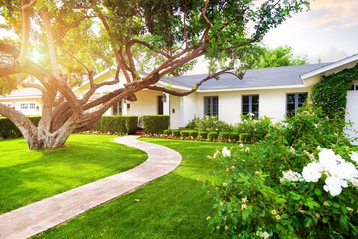 Front View of Home with Flowers, Trees
